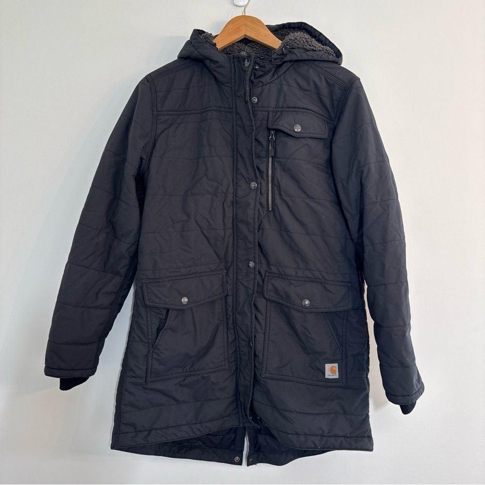 Carhartt Utility Coat Womens Size Large Black Hooded Puffer Parka Jacket